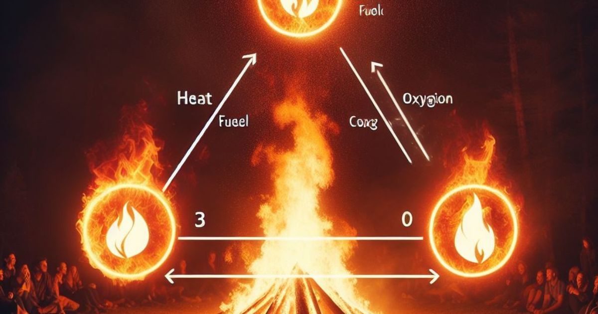 Diagram of the Fire Triangle showing three elements required for fire: heat, fuel, and oxygen.