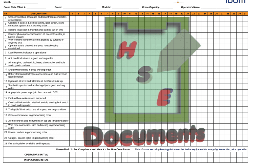 Daily Tower Crane Inspection Checklist
