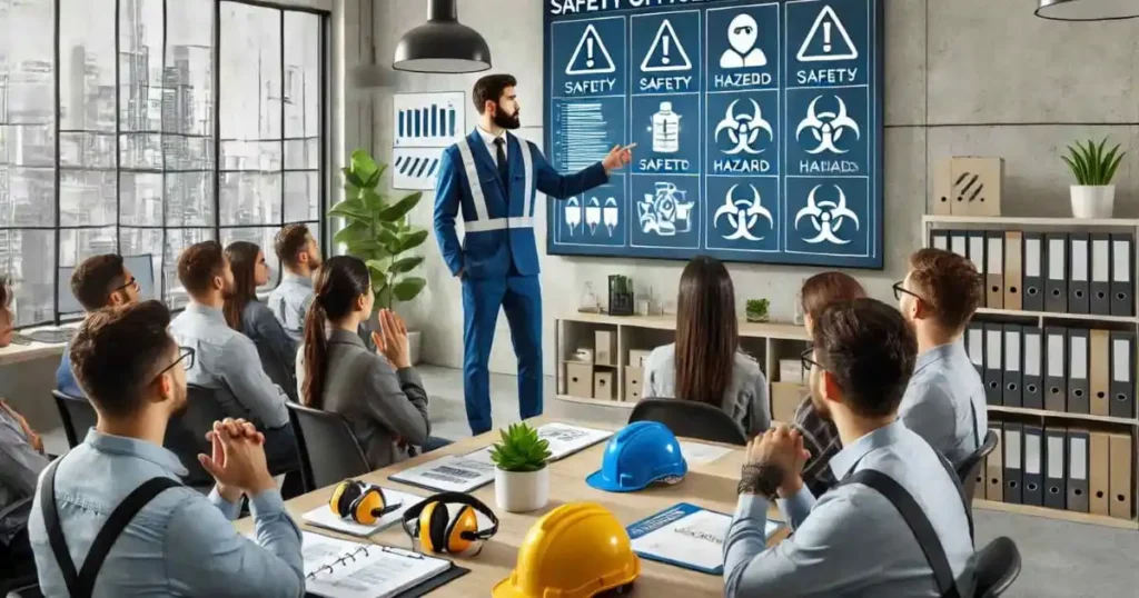 A safety officer conducting a training session in a corporate office, pointing to a large screen displaying safety metrics, hazard symbols, and a checklist.