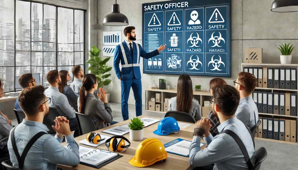 A safety officer conducting a training session in a corporate office, pointing to a large screen displaying safety metrics, hazard symbols, and a checklist.