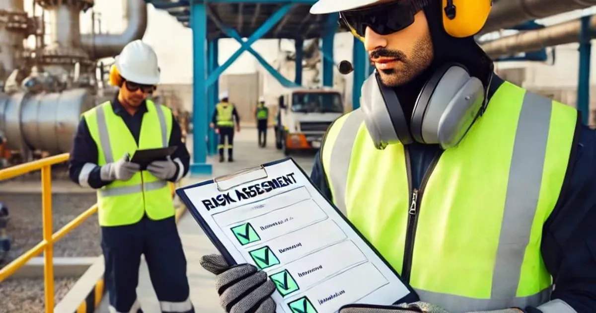 Certified Safety Officer explaining safety protocols at Saudi Aramco with career benefits like high salary and job stability.