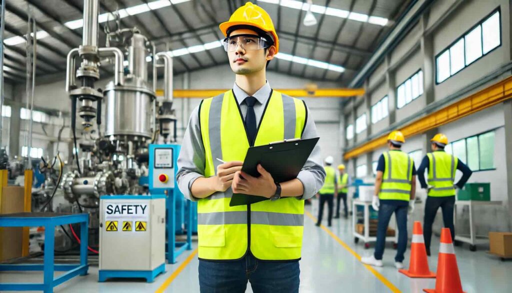 A safety officer wearing a high-visibility vest, hard hat, and safety glasses, holding a clipboard in a modern industrial environment.
