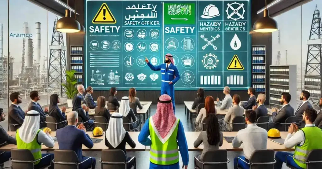 A safety officer conducting a training session in a corporate office, pointing to a large screen displaying safety metrics, hazard symbols, and a checklist.