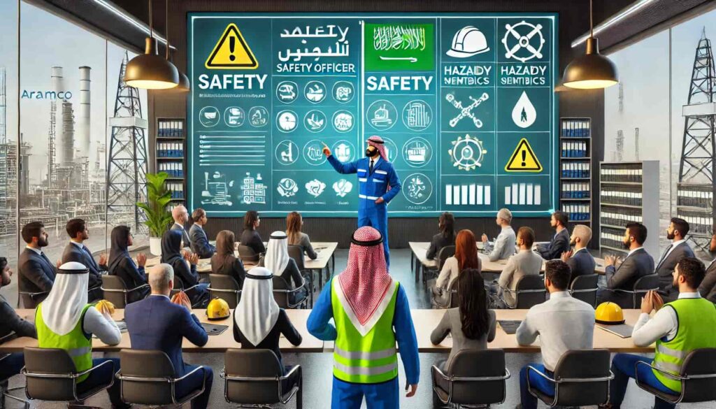 A safety officer delivering a training session in an Aramco-branded corporate office, pointing to a screen featuring safety metrics, hazard symbols, and the Aramco logo.