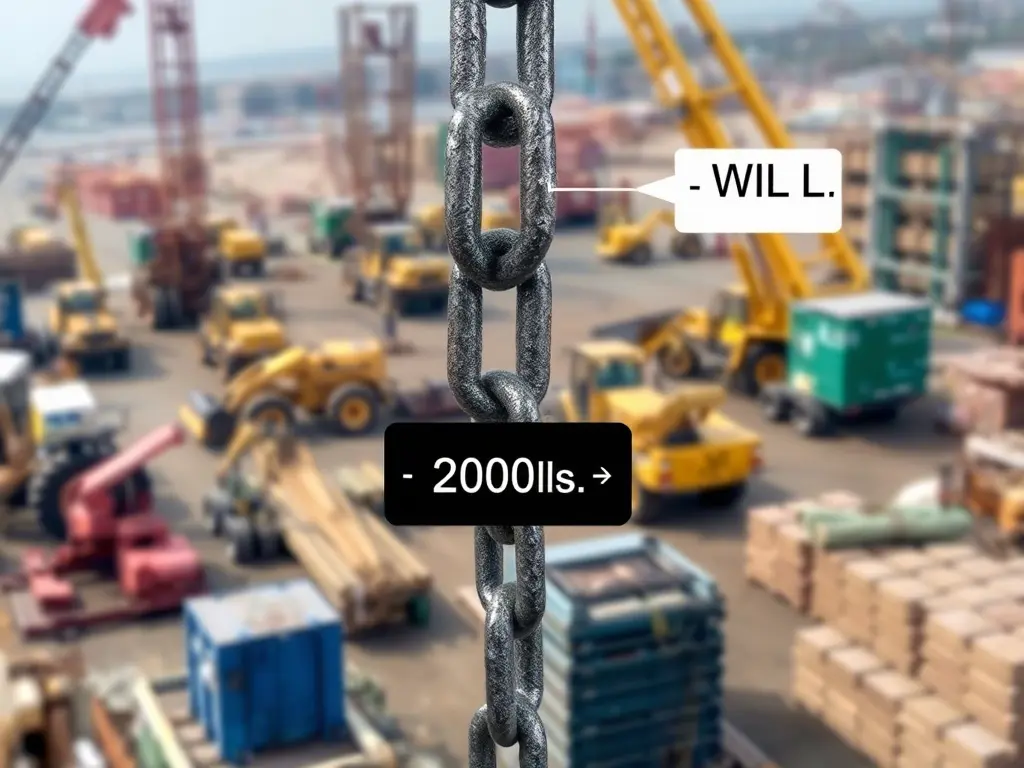 Diagram showing a chain with Working Load Limit (WLL) tag labeled '2,000 lbs' at a construction site.