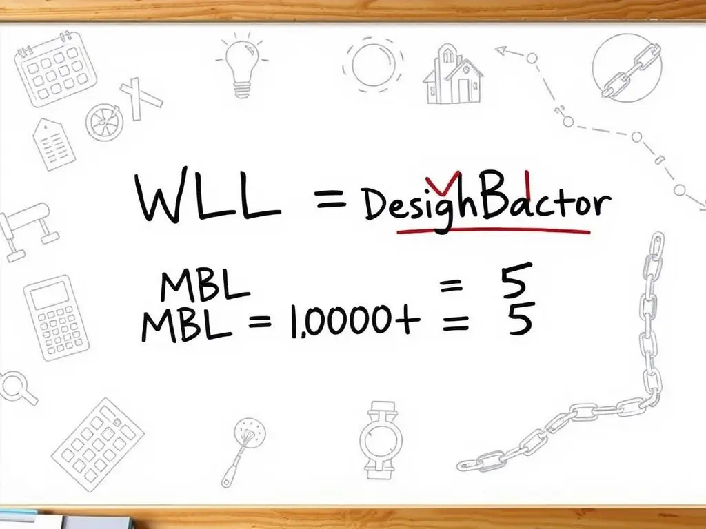 Whiteboard-style illustration of WLL formula: WLL = MBL ÷ Design Factor.