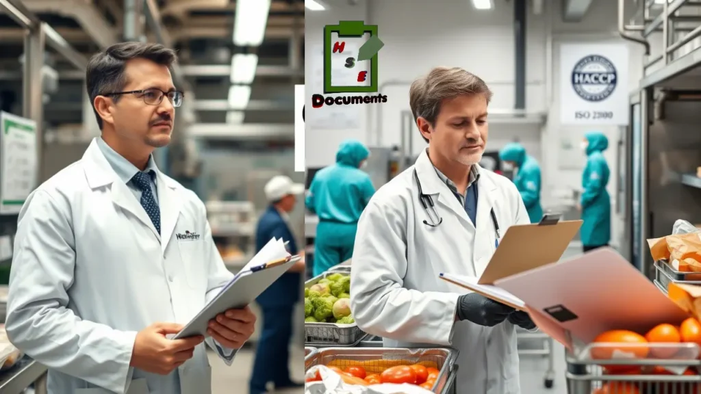 A professional food safety officer conducting an inspection in a commercial kitchen, ensuring compliance with health and safety regulations.