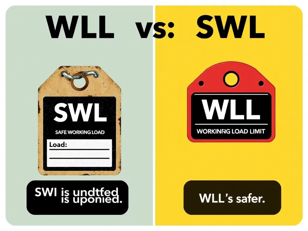 Infographic comparing WLL (Working Load Limit) and SWL (Safe Working Load) with tags and explanations.