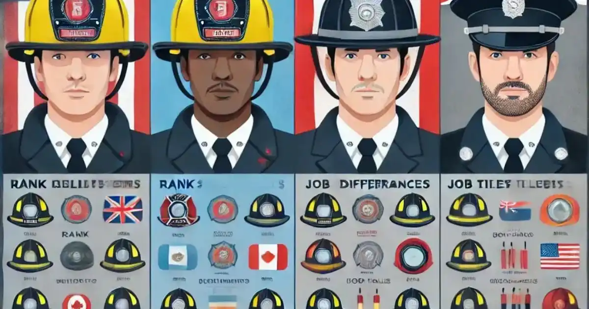 Realistic image of firefighters at various ranks responding to an emergency, highlighting helmet colors, insignia, and role differences from Probationary Firefighter to Fire Chief.