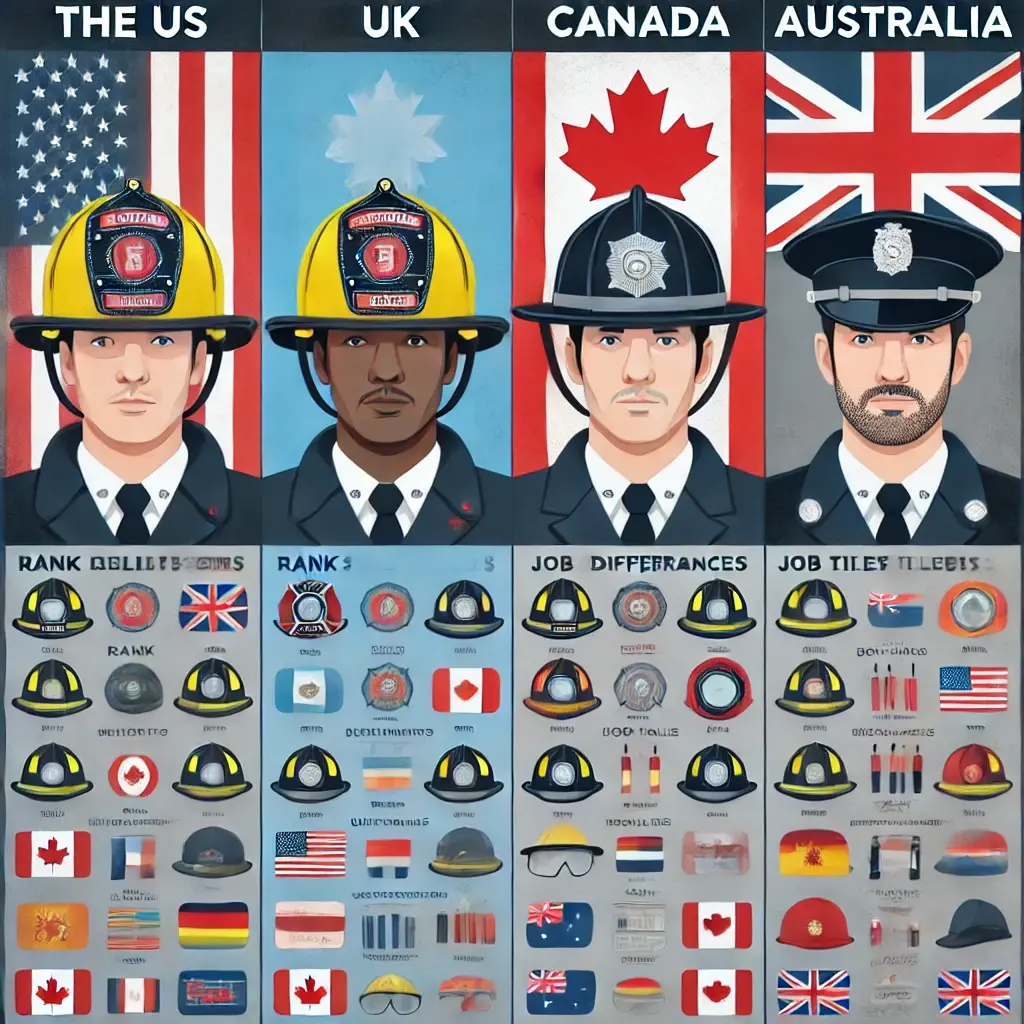 Realistic image of firefighters at various ranks responding to an emergency, highlighting helmet colors, insignia, and role differences from Probationary Firefighter to Fire Chief.