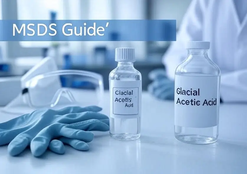 Glacial Acetic Acid bottle in lab with MSDS safety guide
