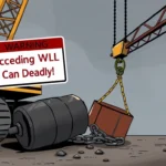 Illustration of a crane accident caused by exceeding WLL, showing a broken chain and fallen load.